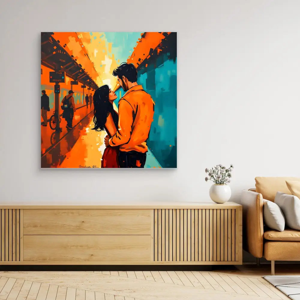 A vibrant orange and teal abstract art piece depicting silhouetted figures in a corridor.