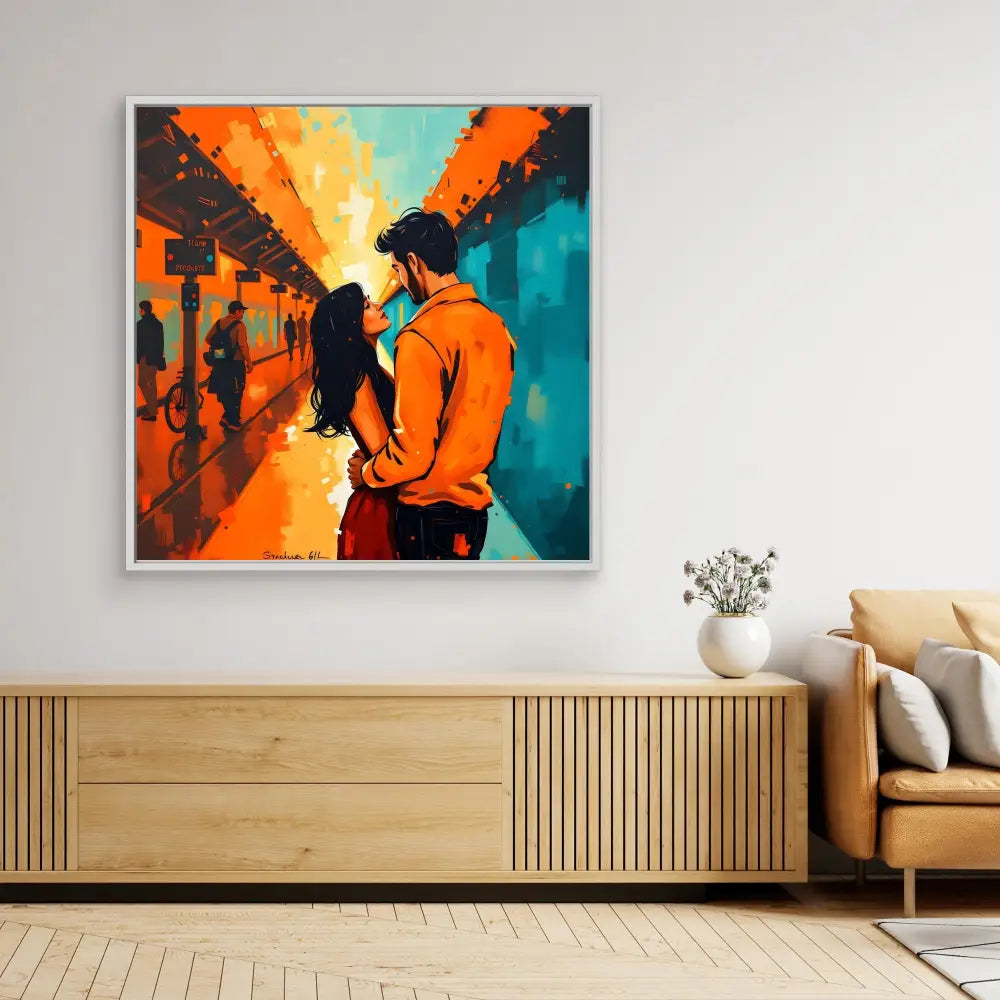 A vibrant orange and teal artwork depicting silhouetted figures in an embrace.