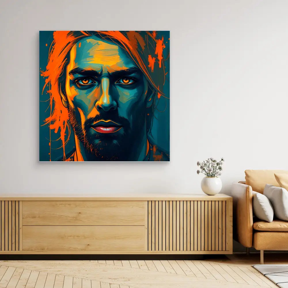 A vibrant orange and teal portrait painting with dramatic contrasting colors.