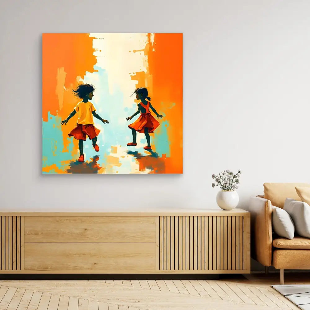 Vibrant orange and turquoise painting depicting two silhouetted children dancing together.