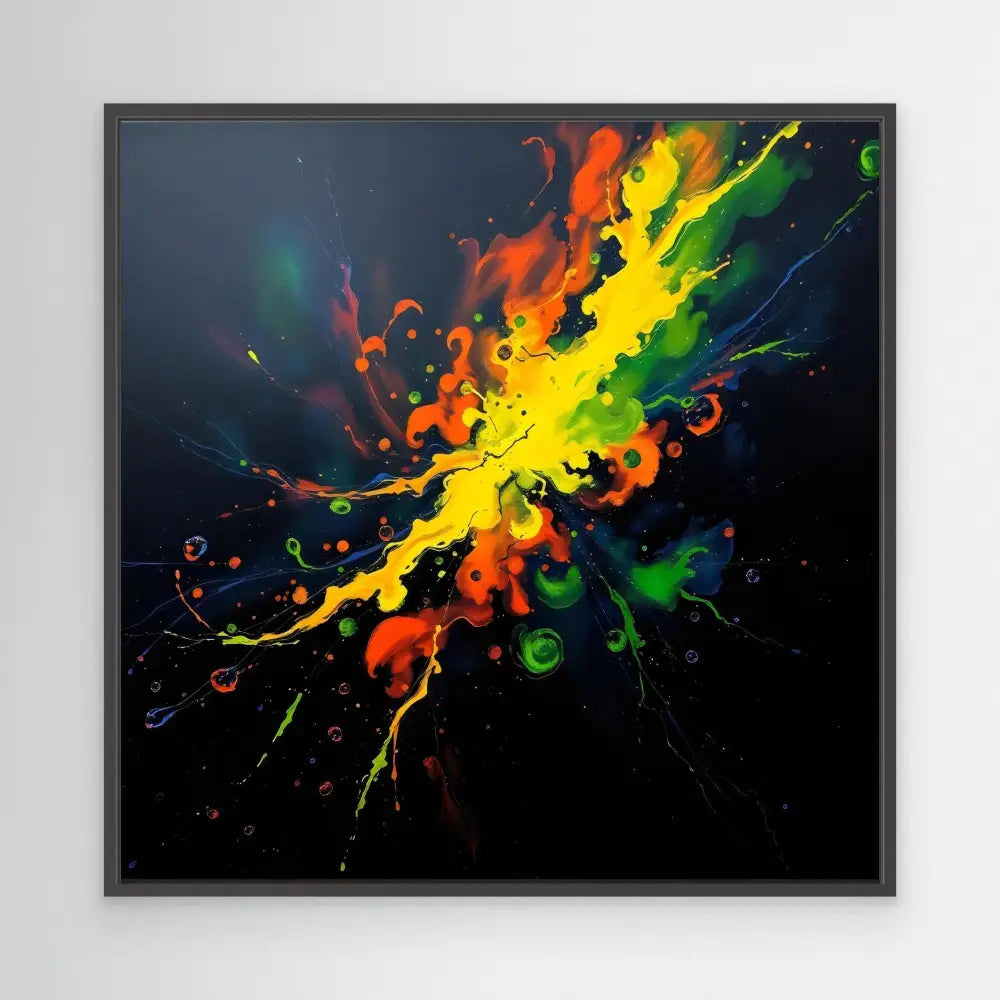 Vibrant paint splash explosion in rainbow colors against black.