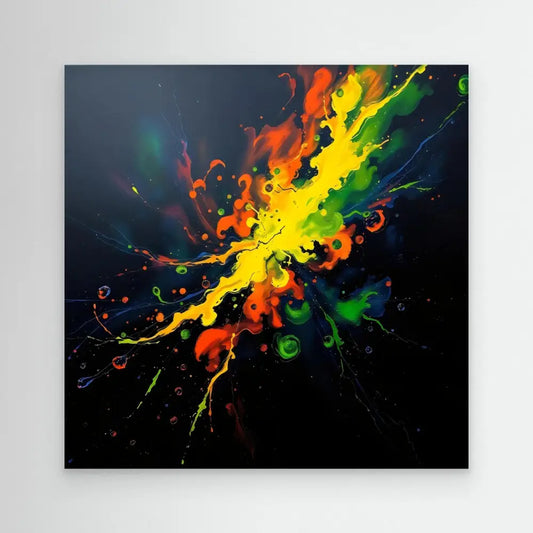 Vibrant paint splash explosion in rainbow colors against black.