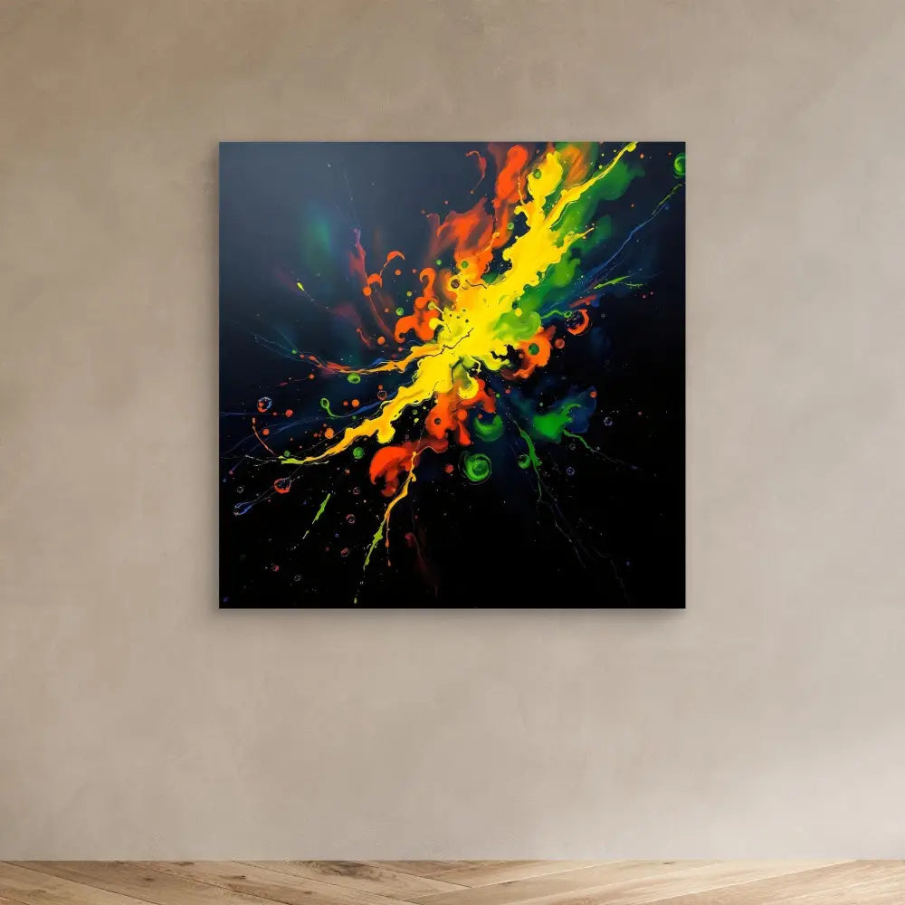 Vibrant paint splash explosion featuring red, yellow, and green colors against a black canvas.