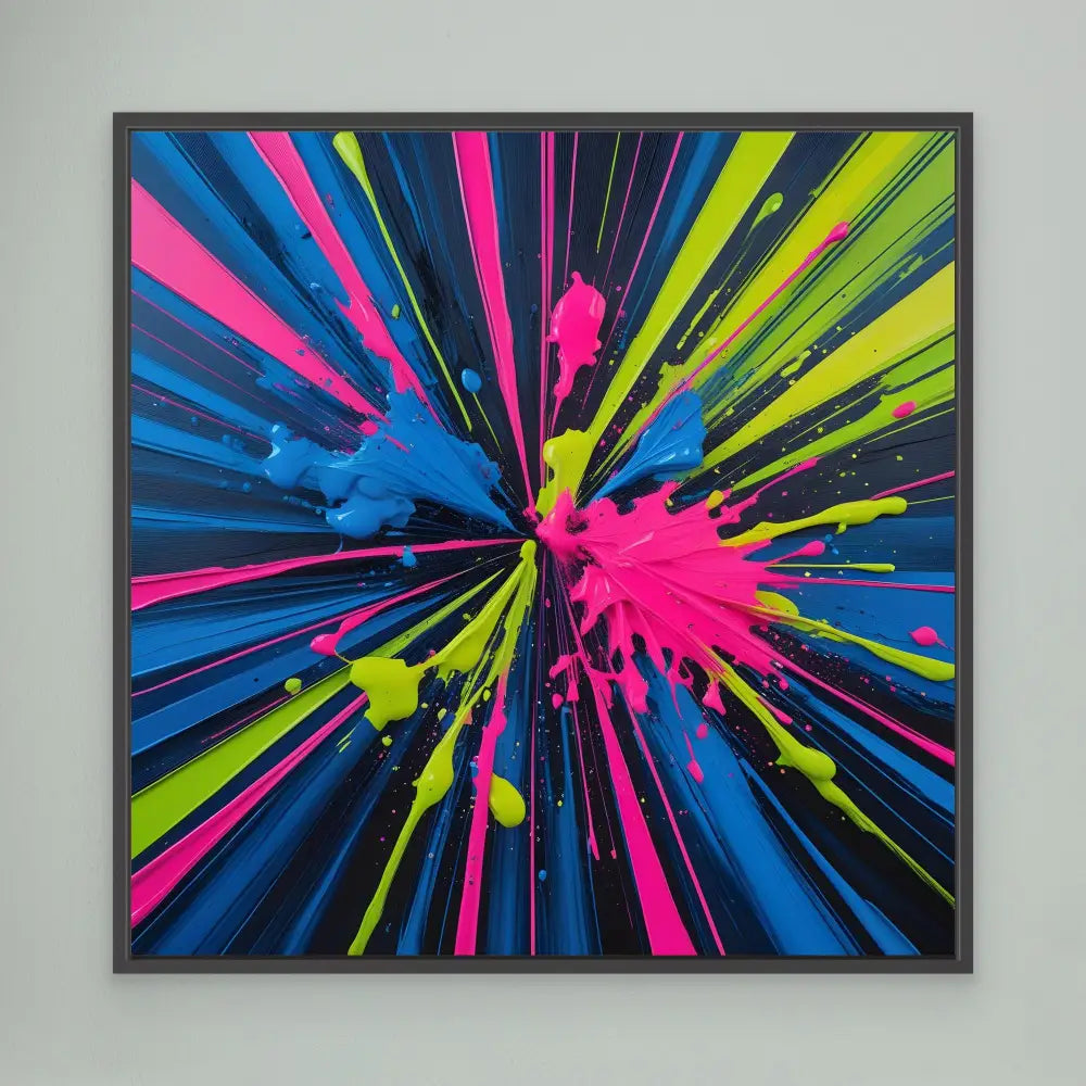 Vibrant paint splatter artwork with neon pink, blue and green bursting from the center in a starburst pattern.