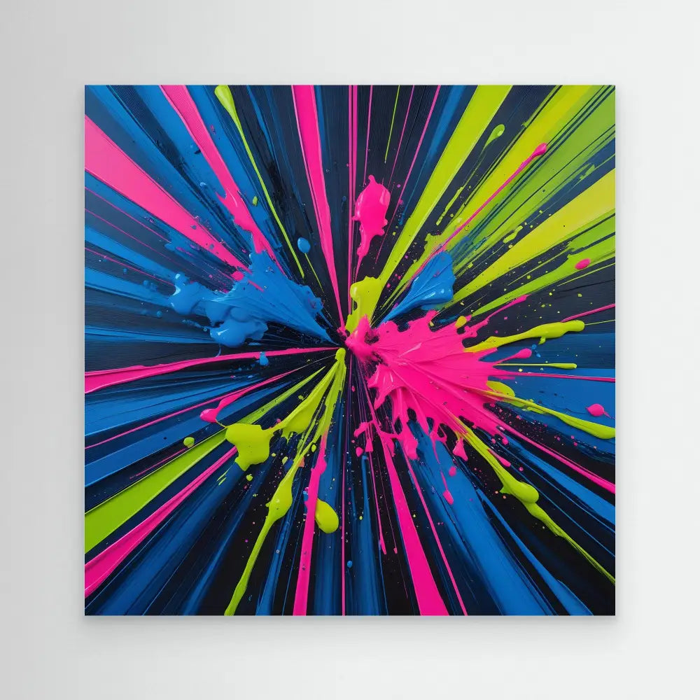 Vibrant paint splatter explosion radiating outward in neon pink, blue and yellow against black.