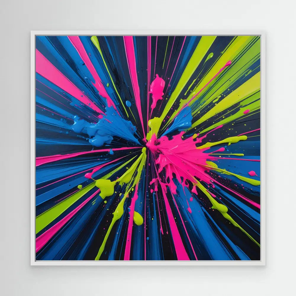 Vibrant paint splatter explosion radiating outward in neon pink, blue and yellow against black.