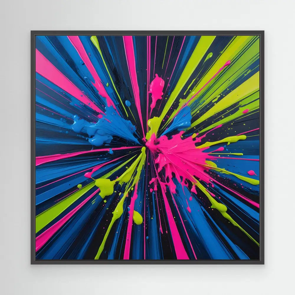 Vibrant paint splatter explosion radiating outward in neon pink, blue, and lime green colors.