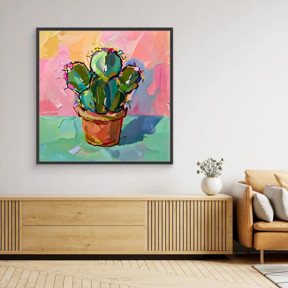 Vibrant painted cactus in a terracotta pot.