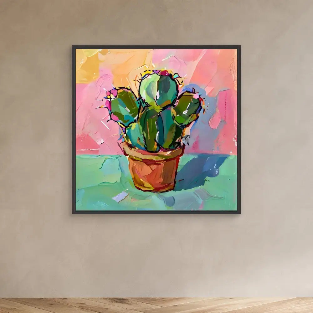 A vibrant painted cactus in a terracotta pot.