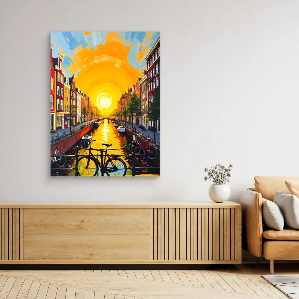 Vibrant painting of an Amsterdam canal at sunset with a bicycle silhouetted in the foreground.