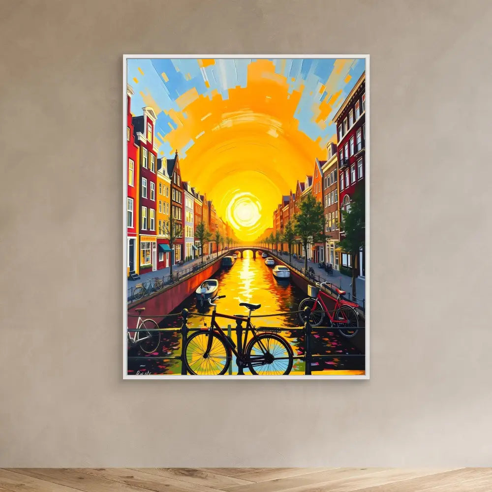 Vibrant painting of an Amsterdam canal at sunset with a bicycle silhouetted in the foreground.