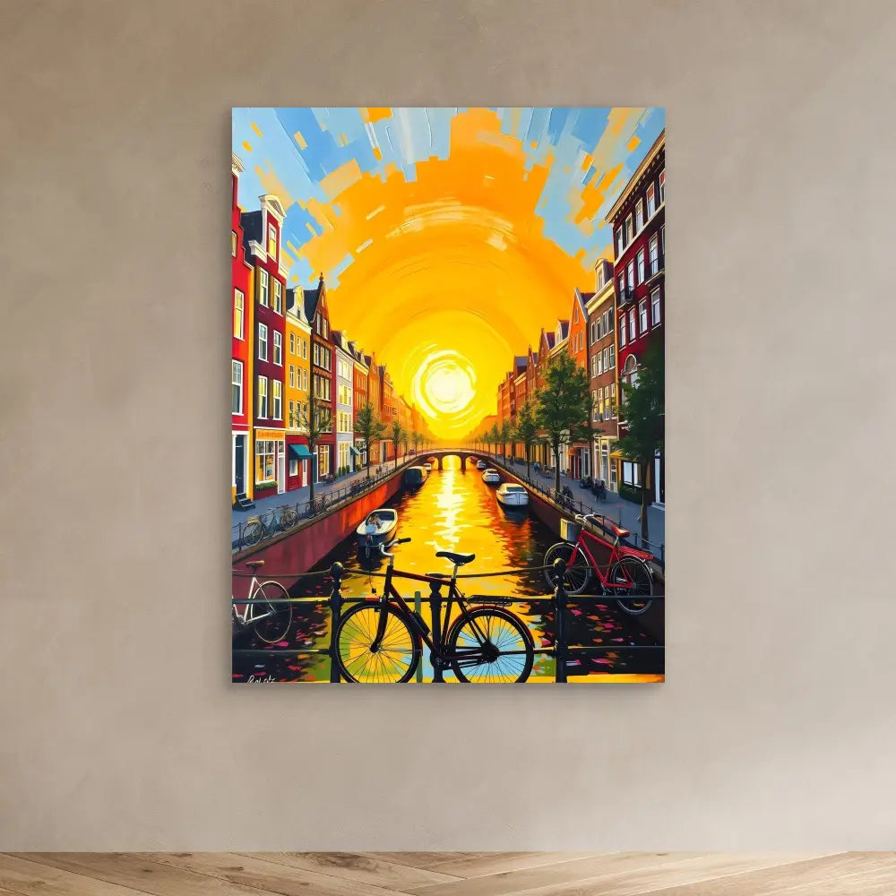 Vibrant painting of an Amsterdam canal at sunset with a bicycle silhouetted on a bridge.