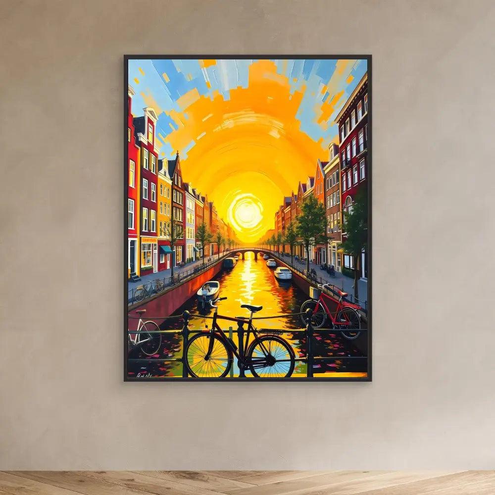 A vibrant painting of an Amsterdam canal at sunset with a bicycle silhouetted in the foreground.