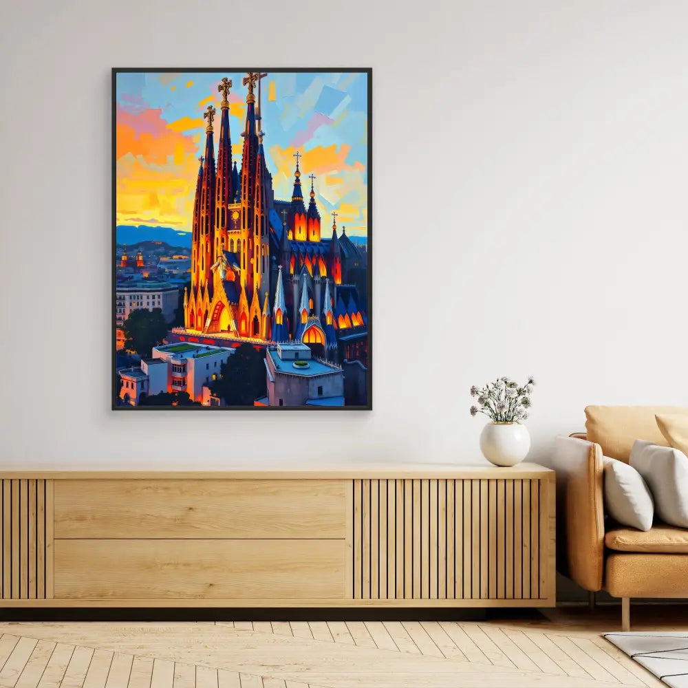 A vibrant painting of Barcelona’s Sagrada Familia cathedral at sunset.