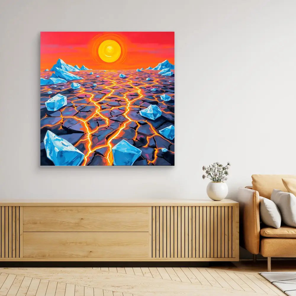 Vibrant painting of blue ice chunks floating on glowing orange lava under a red sunset sky.