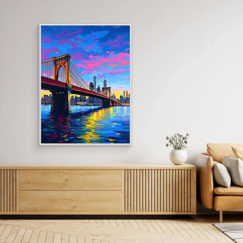 Vibrant painting of the Brooklyn Bridge against a colorful sunset sky with water reflections.