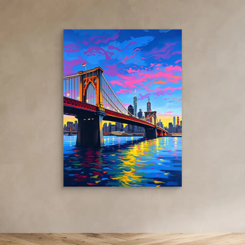 A vibrant painting of the Brooklyn Bridge against a colorful sunset sky.