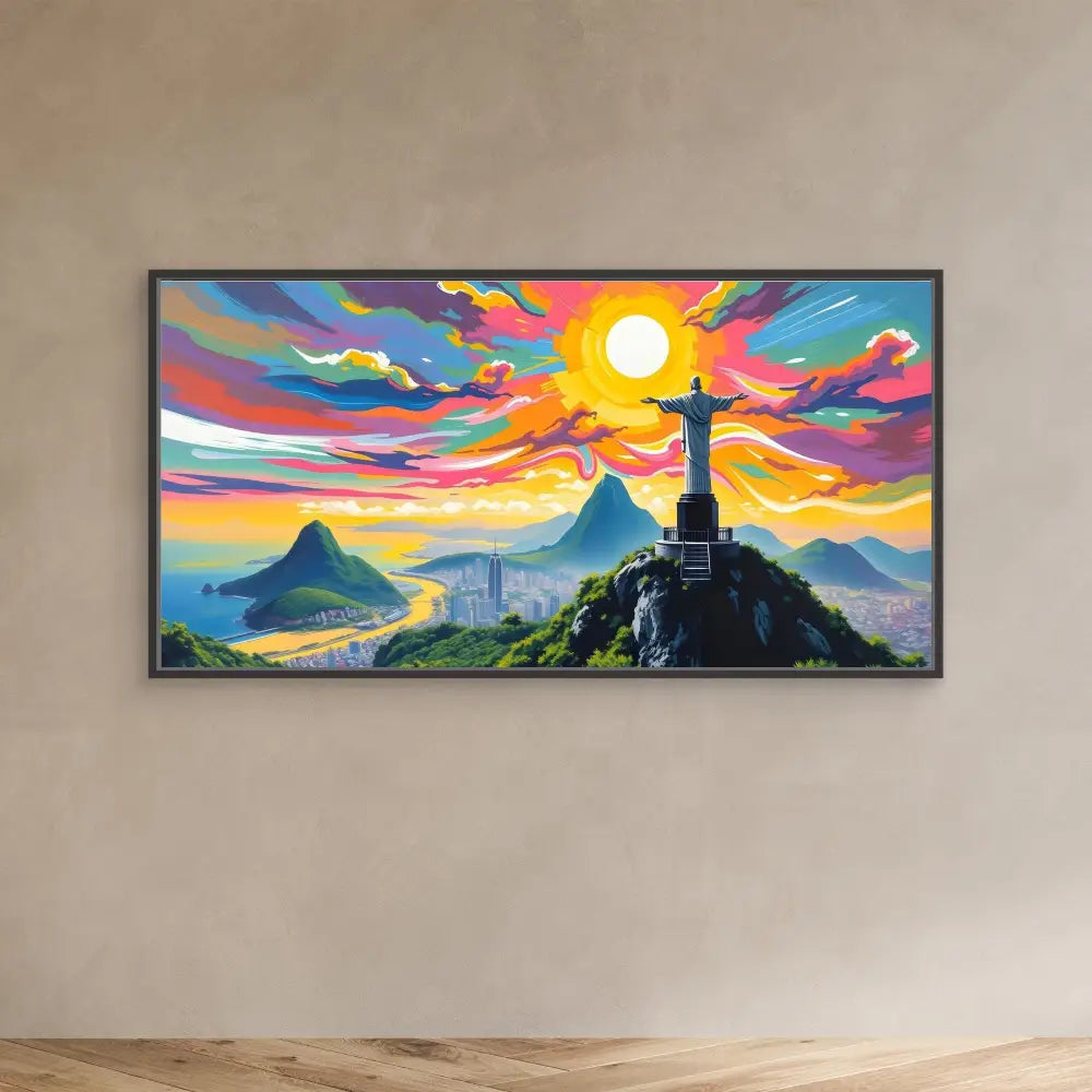 Vibrant painting of Christ the Redeemer statue against a colorful sunset sky.