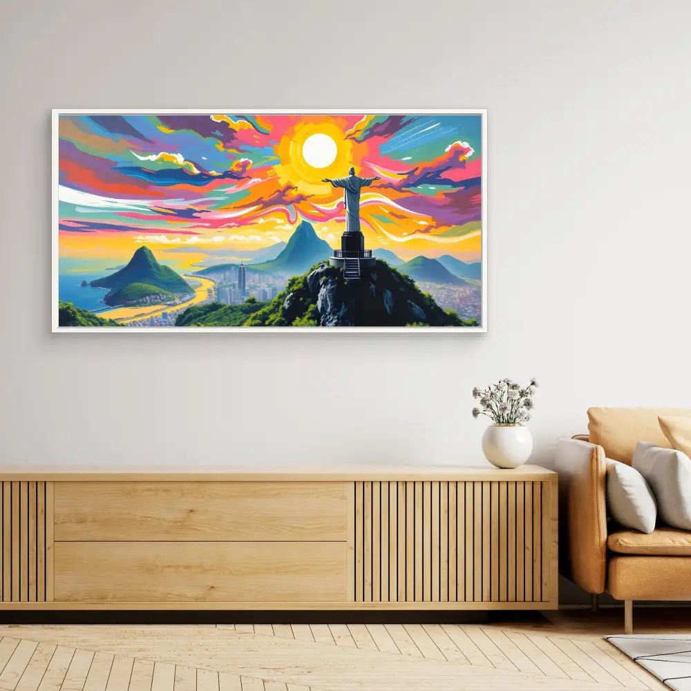 A vibrant painting of Christ the Redeemer statue in Rio de Janeiro against a colorful sunset sky.