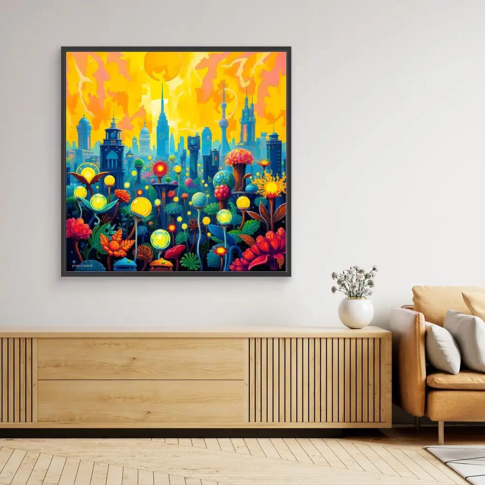 Vibrant painting of a city skyline with colorful flowers blooming in the foreground against a golden sky.