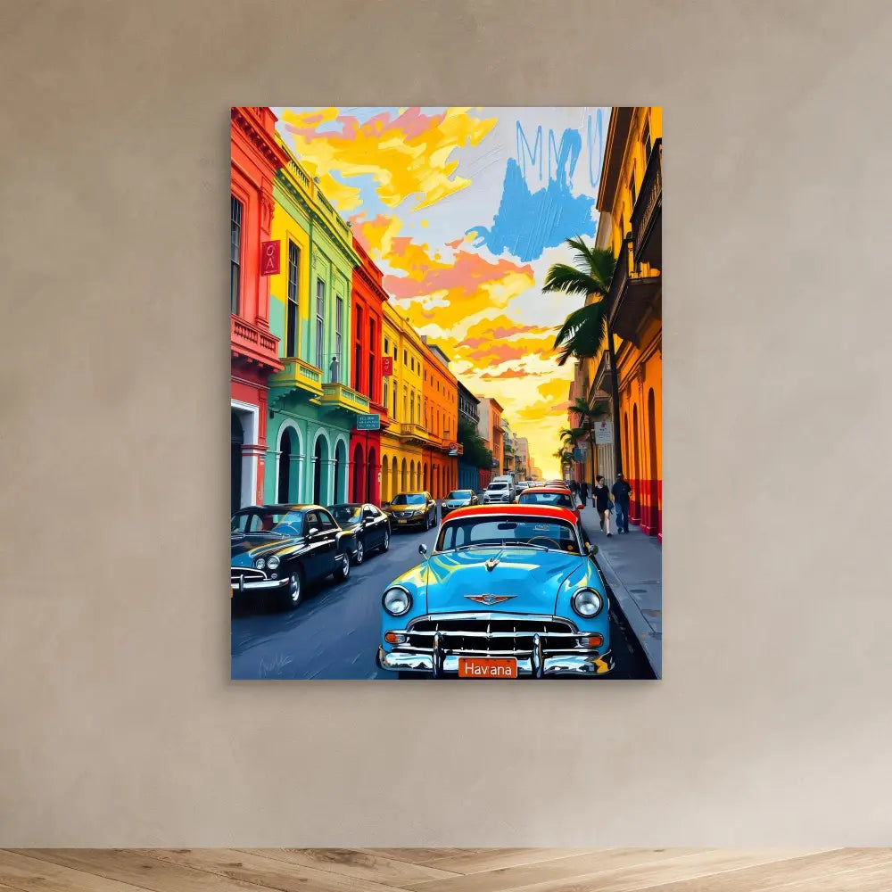 Vibrant painting of classic cars on a colorful Cuban street at sunset.