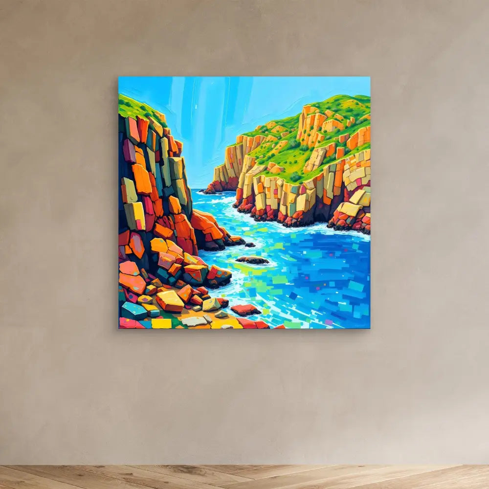 Vibrant painting of a coastal scene with rocky cliffs and blue water.