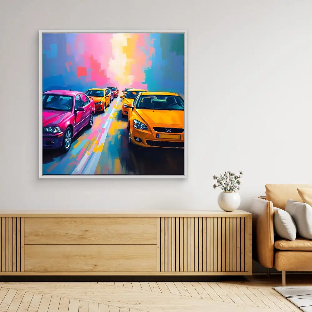 Vibrant painting of colorful cars on a street with a rainbow-hued sky.