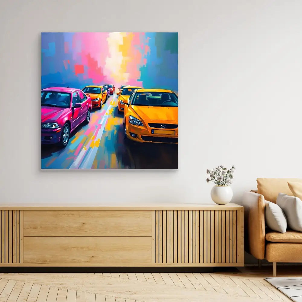 Vibrant painting of colorful cars on a street with a rainbow-hued sky.