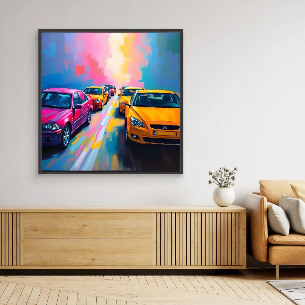 Vibrant painting of colorful cars on a street with a rainbow-hued sky.