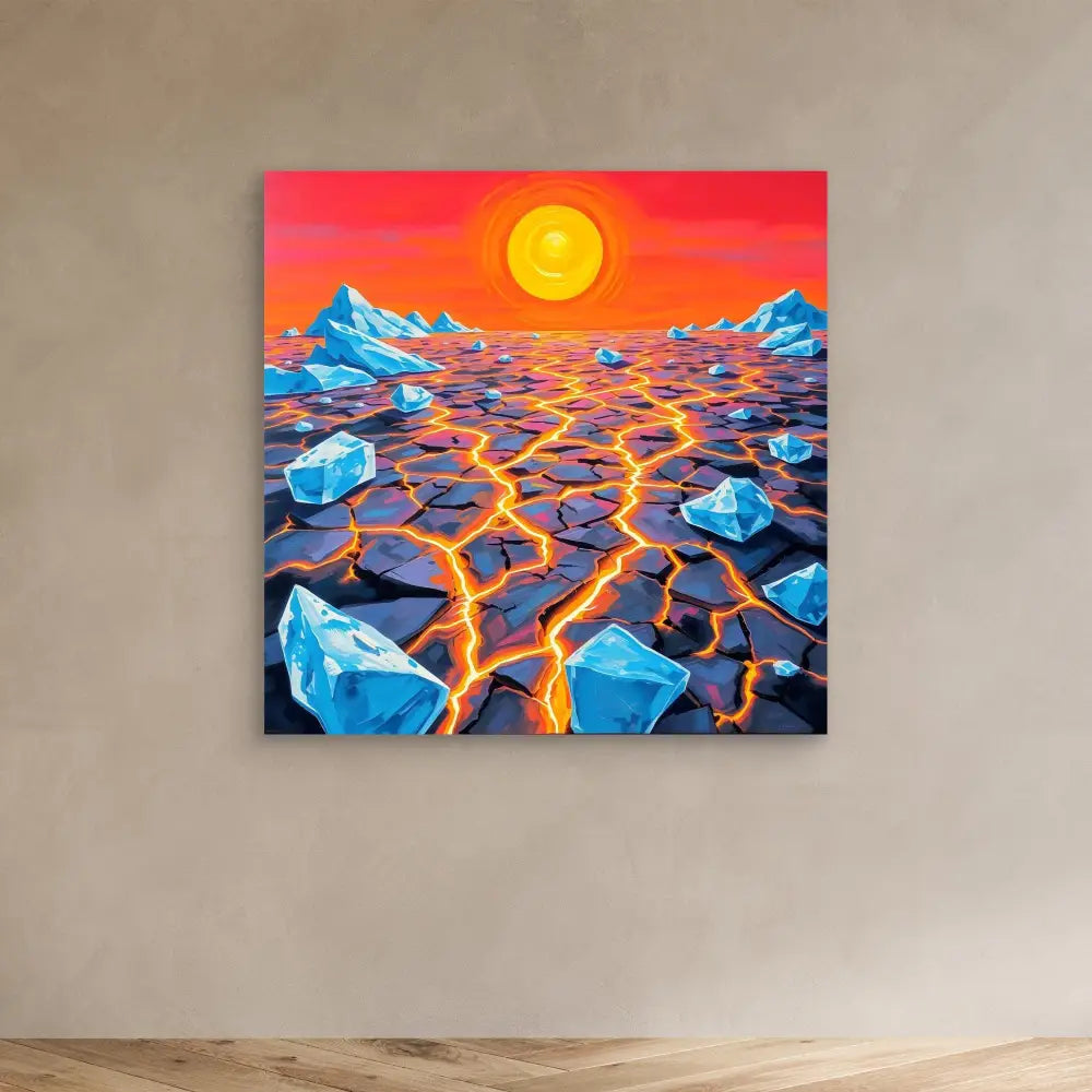 Vibrant painting of a cracked lava landscape with blue ice chunks under an orange sun.