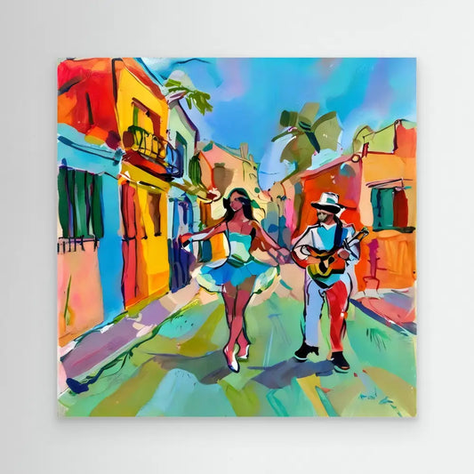 Vibrant painting of a dancer and guitarist performing on a colorful Caribbean street.