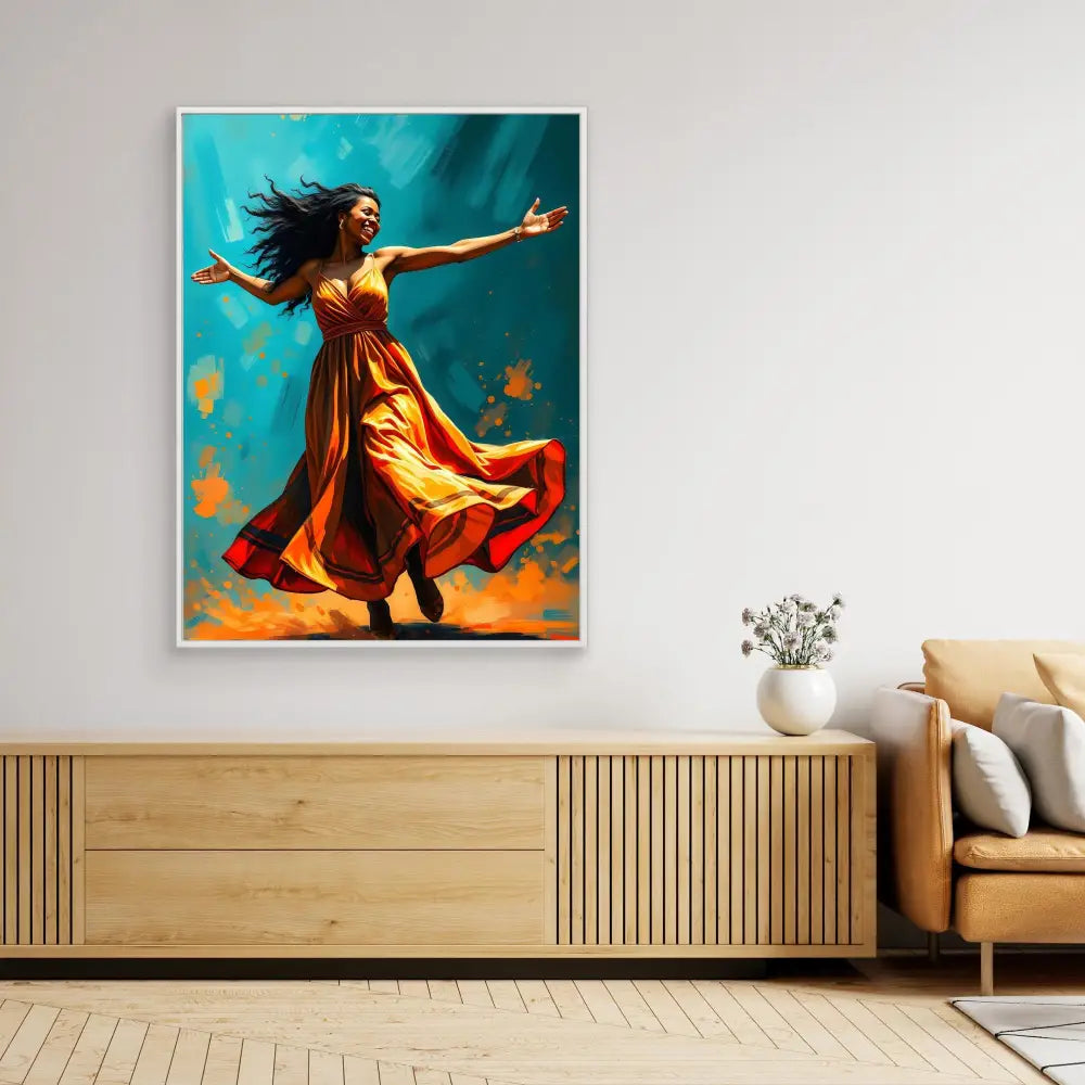 A vibrant painting of a dancer in a flowing orange dress with arms outstretched.