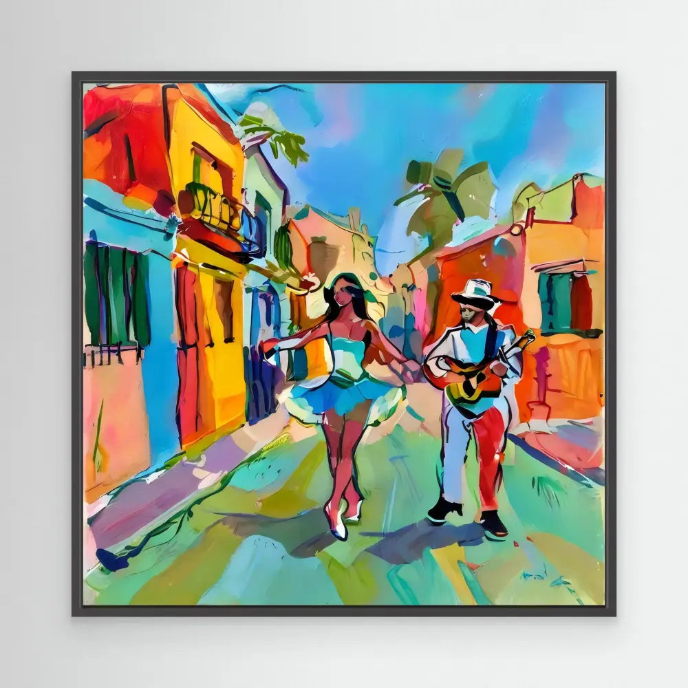 Vibrant painting of dancers and a guitarist performing on a colorful Caribbean street.