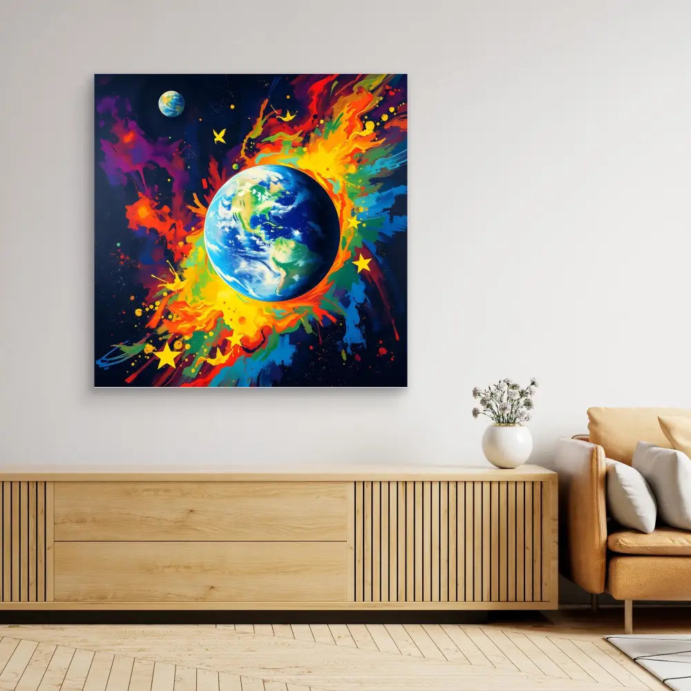 Vibrant painting of Earth surrounded by colorful cosmic explosions and stars.