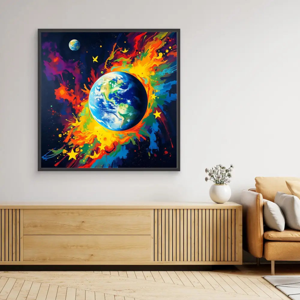 Vibrant painting of Earth surrounded by colorful cosmic splashes and flames.