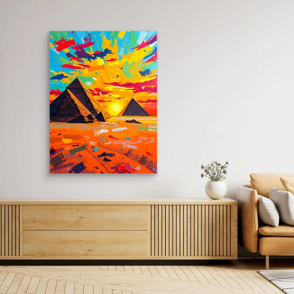 Vibrant painting of Egyptian pyramids against a colorful sunset sky.