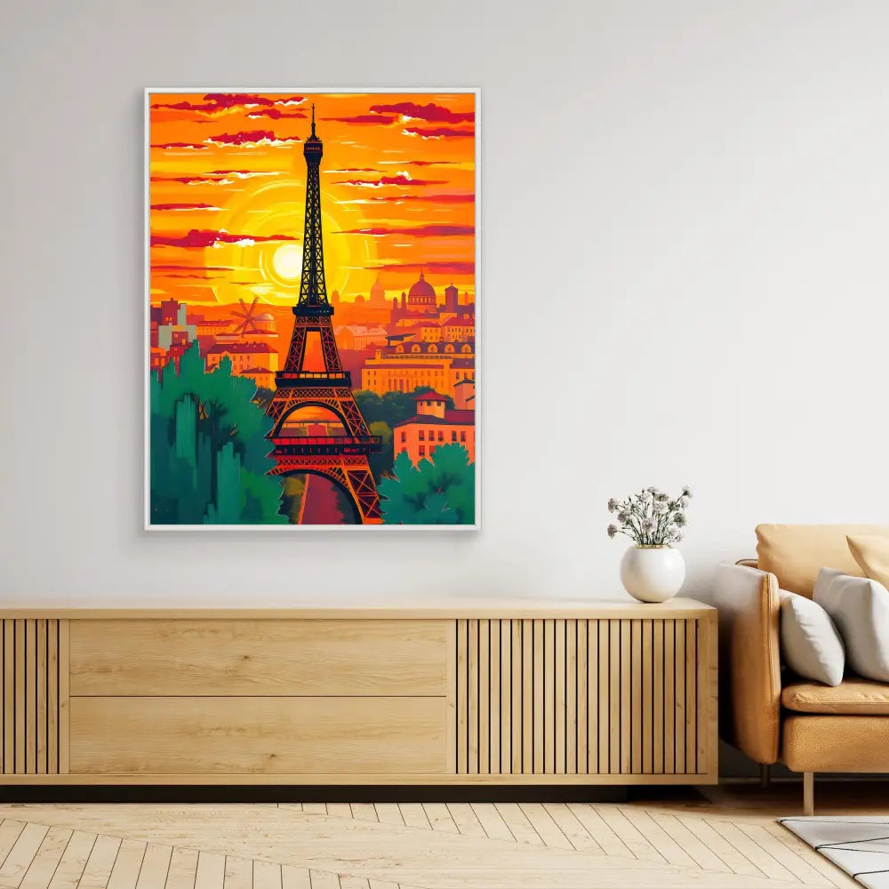 Vibrant painting of the Eiffel Tower against an orange sunset sky.