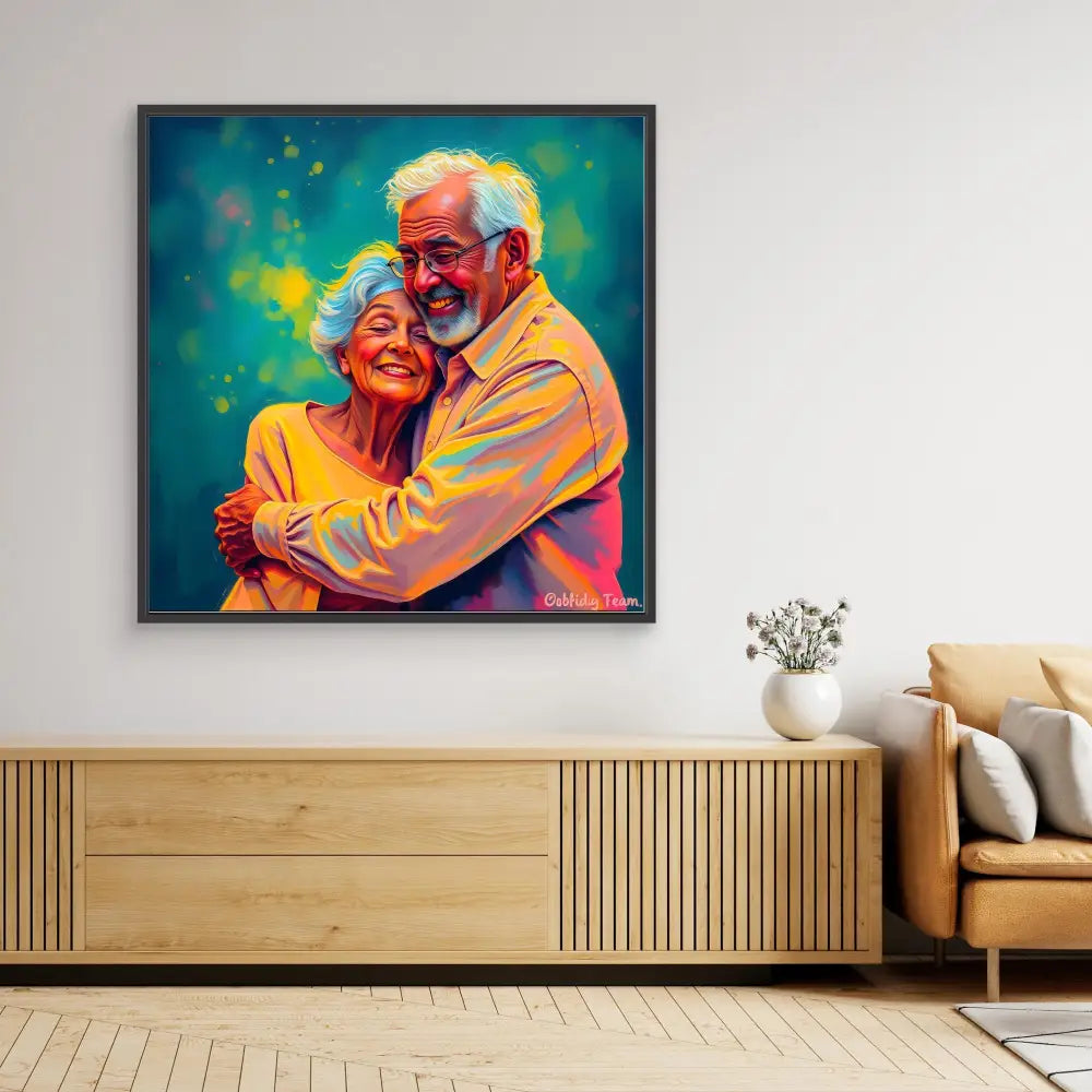 A vibrant painting of an elderly couple embracing, rendered in warm yellow and turquoise tones.