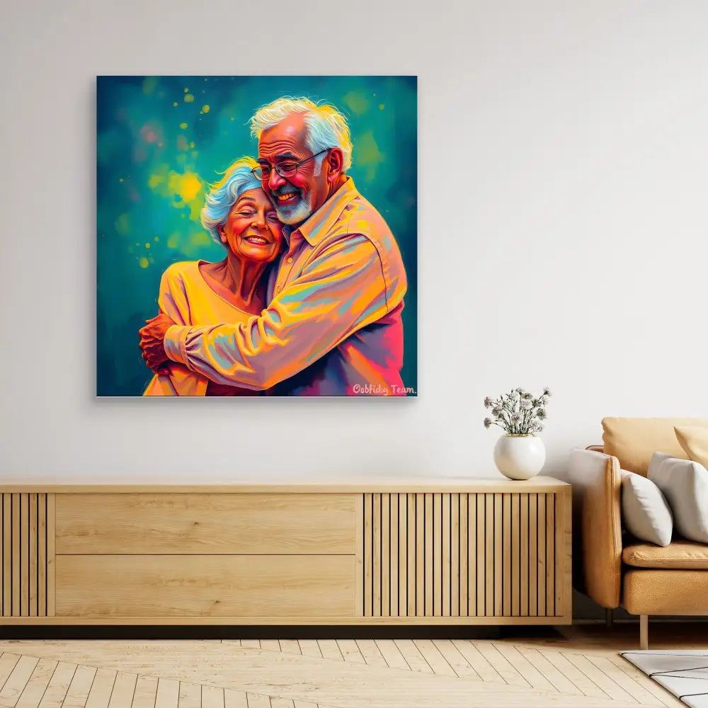 A vibrant painting of an elderly couple embracing, rendered in warm yellow and turquoise tones.