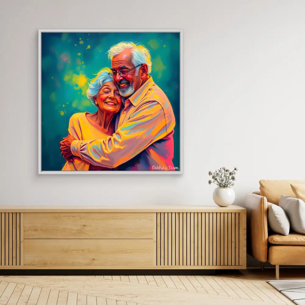 A vibrant painting of an elderly couple embracing, rendered in warm yellow and turquoise tones.