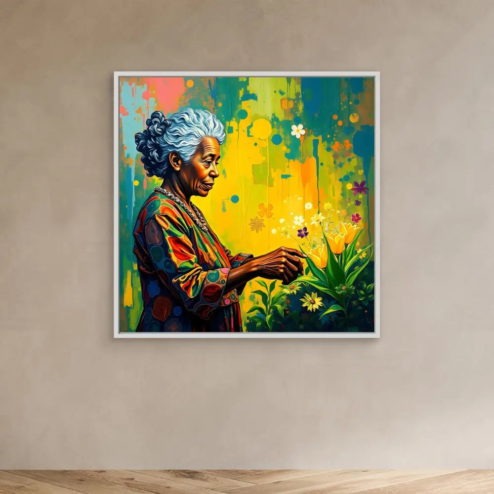 Vibrant painting of an elderly figure in colorful clothing tending to flowers against a yellow-green backdrop.