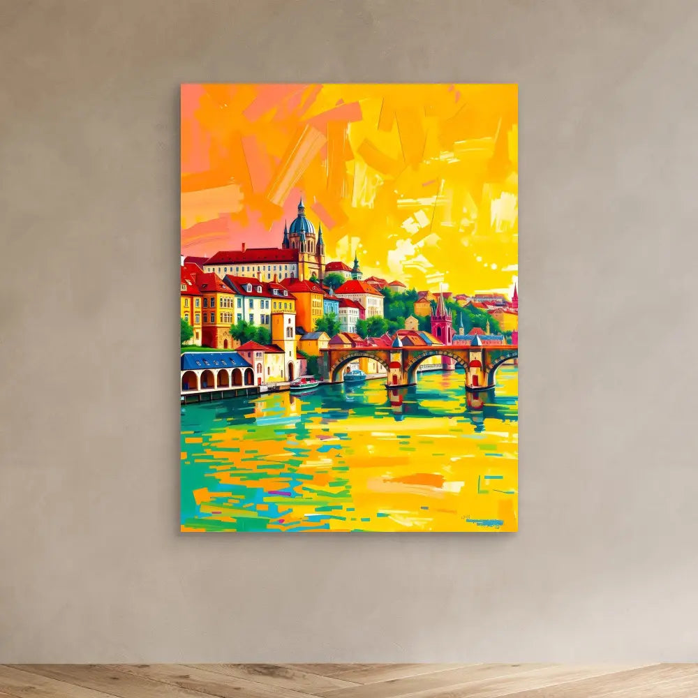 Vibrant painting of a European cityscape with a bridge over water during sunset.