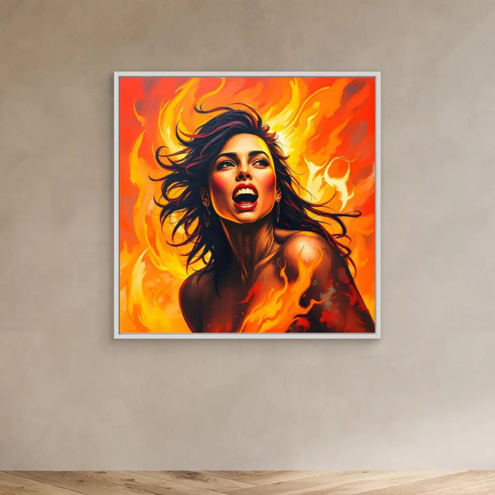 A vibrant painting depicting a figure with windswept dark hair against a fiery orange and red background.