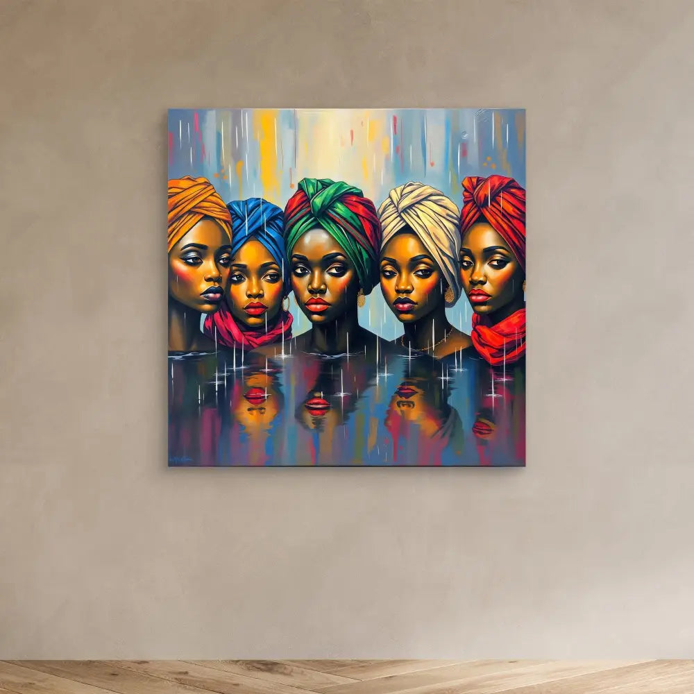 Vibrant painting of five figures wearing colorful head wraps against a reflective surface.