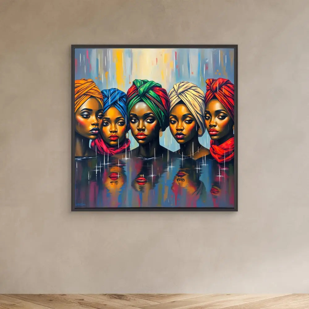 Vibrant painting of five figures wearing colorful head wraps against a reflective abstract background.