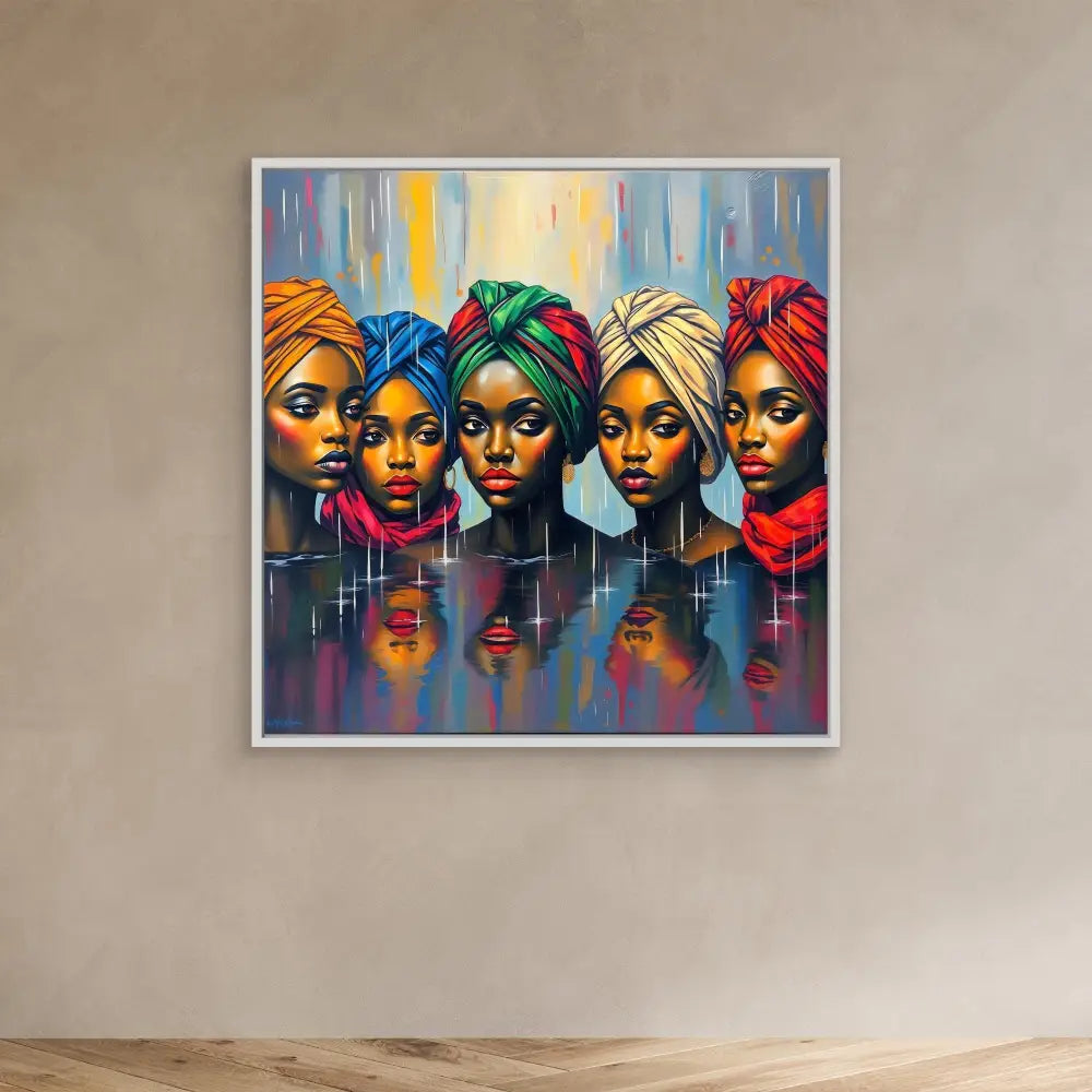 Vibrant painting of five figures wearing colorful head wraps with their reflections below.