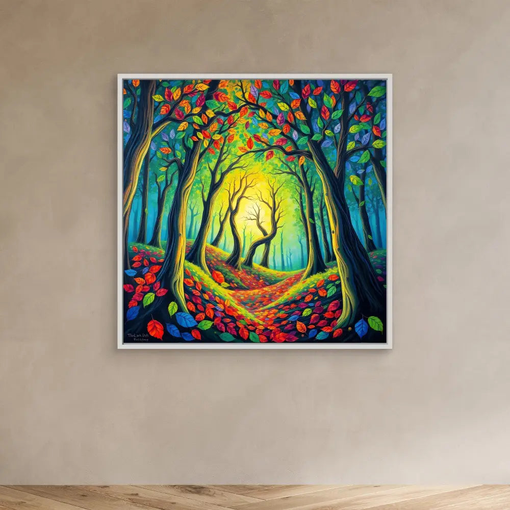 Vibrant painting of a forest path lined with colorful autumn trees and fallen leaves.