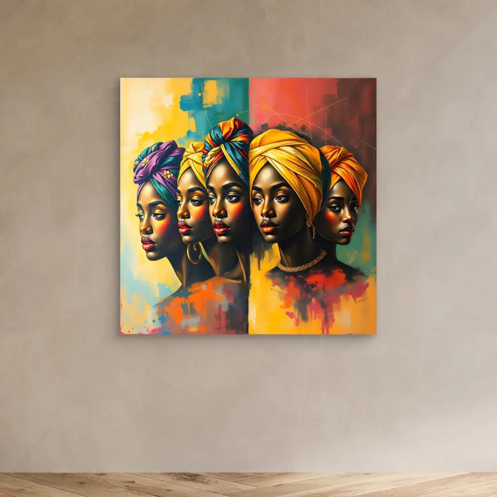 Vibrant painting of four African women wearing colorful head wraps against a warm abstract background.