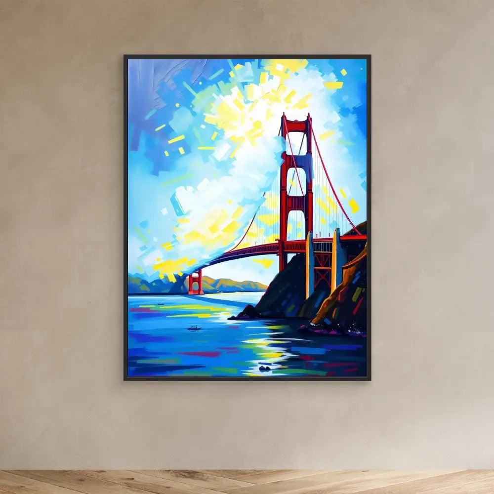 A vibrant painting of the Golden Gate Bridge with bold blues and yellows.