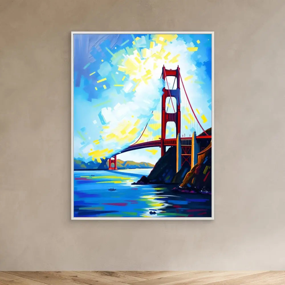 A vibrant painting of the Golden Gate Bridge in bold blues and reds.